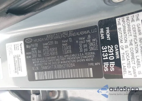 2008 Hyundai Santa Fe Limited/Se z USA, uszkodzony, nr VIN 5NMSH73E88H219284